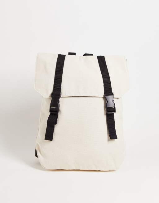 ASOS DESIGN backpack in ecru heavyweight canvas and double strap in black detail