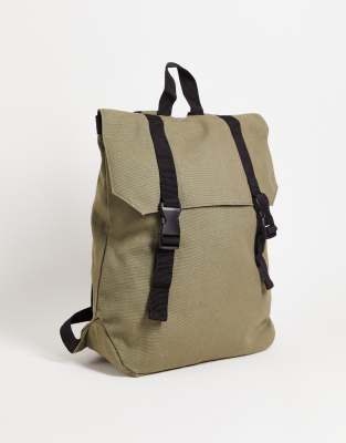 ASOS DESIGN backpack in khaki heavyweight canvas and double strap in black detail