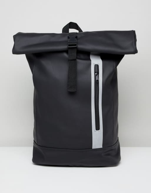 ASOS DESIGN backpack in rubberised finish in black with internal laptop pouch and roll top and reflective zip