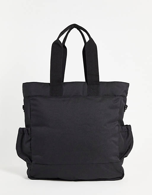 Men backpack tote hybrid bag in black nylon with double pockets 