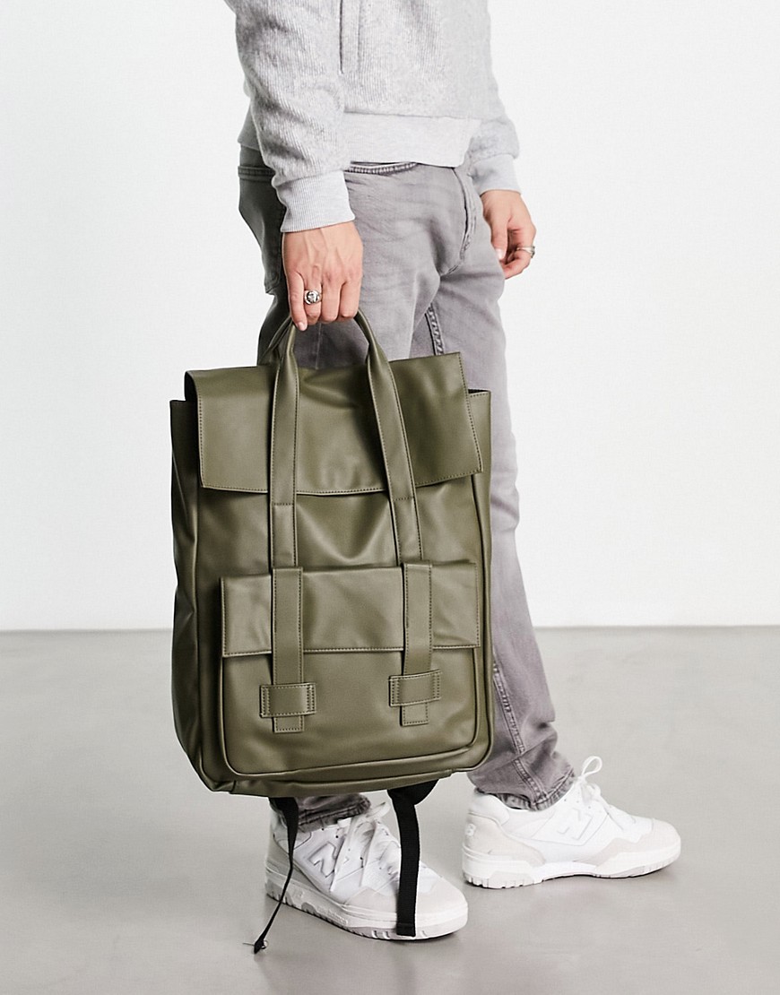 Asos Design Backpack With Double Straps In Khaki Faux Leather-green