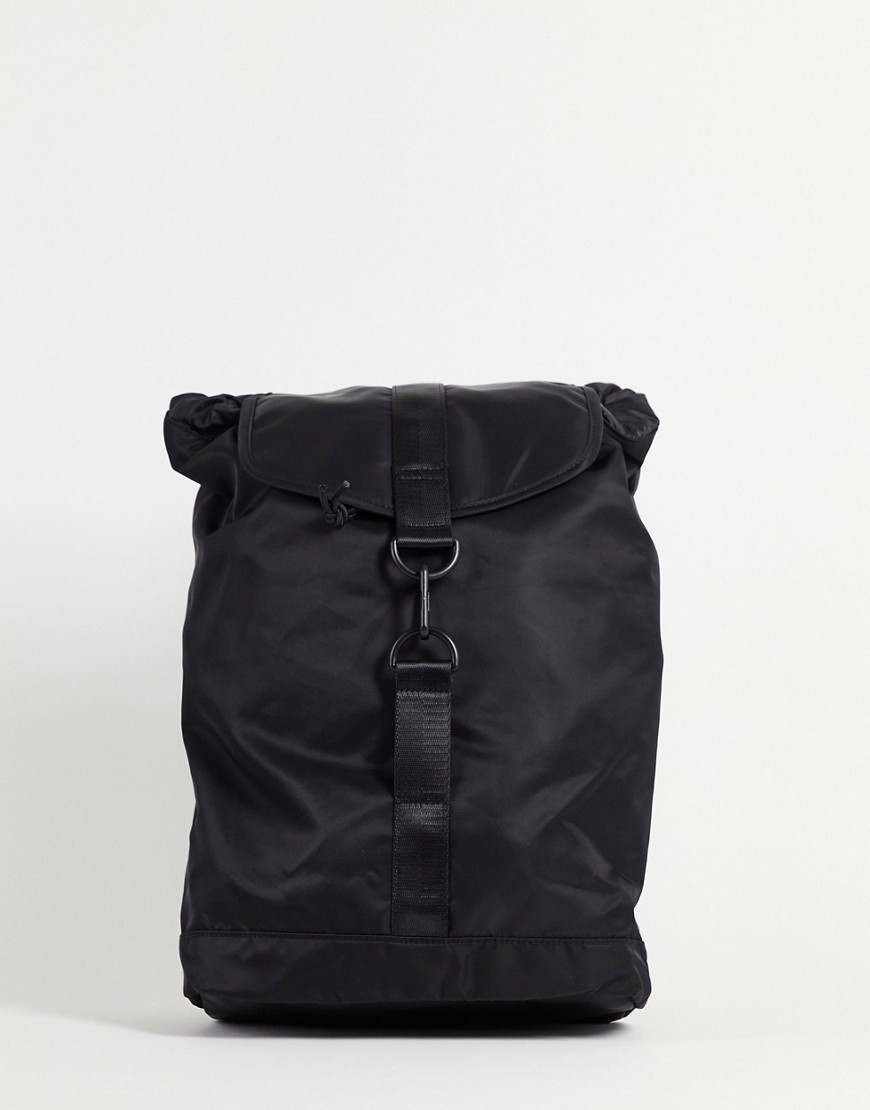 Asos Design Backpack With Front Carabiner Clip Detail In Black Nylon - Black