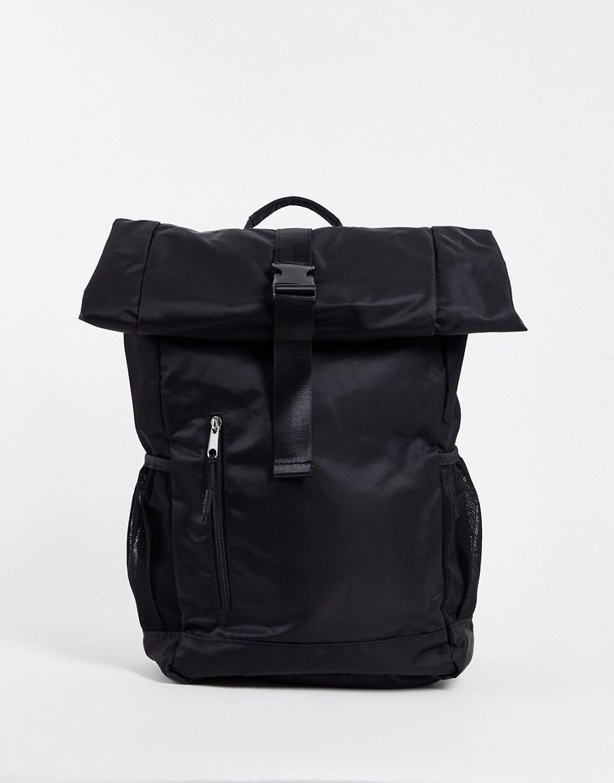 ASOS DESIGN backpack with roll top and front pocket in black nylon