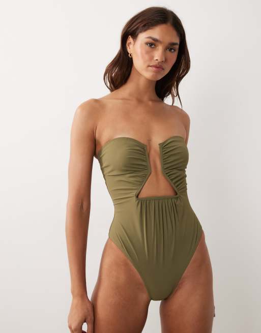 ASOS DESIGN – Badeanzug aus Papertouch-Material in Khaki mit asymmetrischem Zierausschnitt, 4 von 4