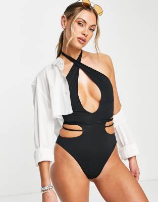 ASOS DESIGN - Badeanzug mit Neckholder-Träger und Schlüsselloch- und Zierausschnitten in Schwarz