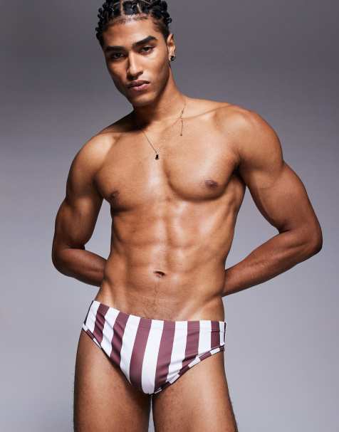 ASOS DESIGN – Badehose in Burgunderrot und Weiß gestreift - view 1
