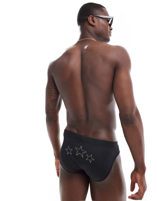 ASOS DESIGN – Badehose in Schwarz mit sternförmigem Strassbesatz