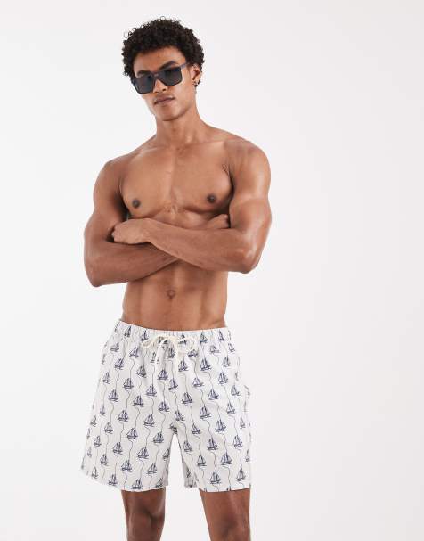 ASOS DESIGN badeshorts i mellemlængde med bådprint i creme - view 1