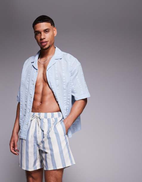 ASOS DESIGN – Badeshorts in Blau gestreift mit mittlerer Länge - view 1