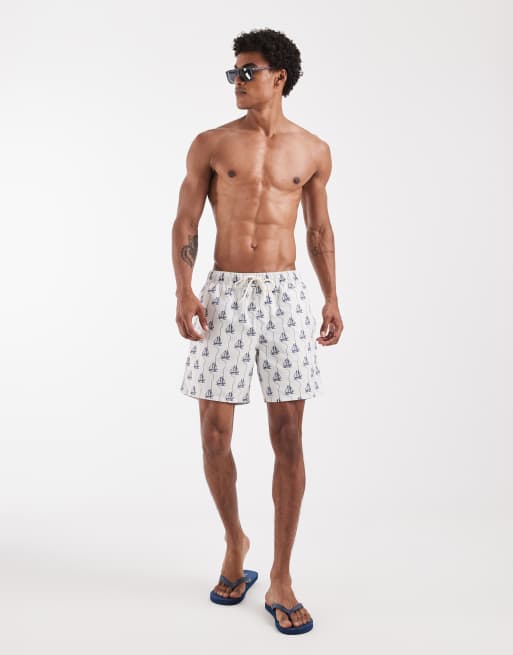 ASOS DESIGN badshorts i medellängd med båtmönster i krämvit, 2 av 5