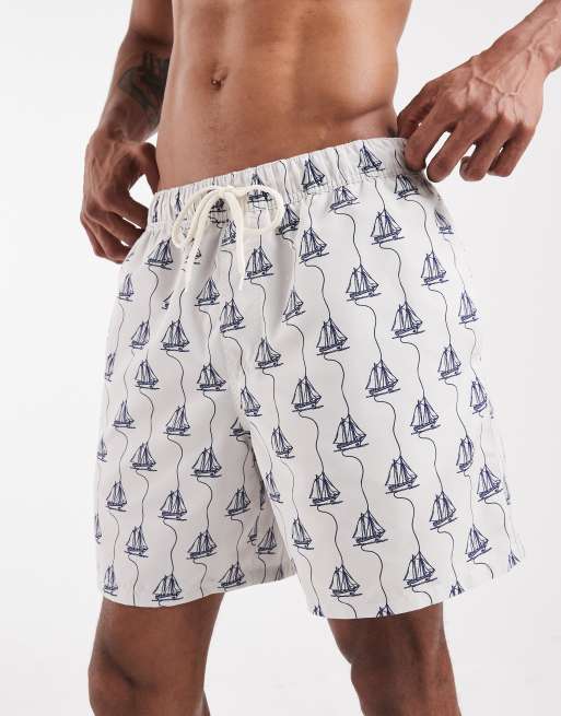ASOS DESIGN badshorts i medellängd med båtmönster i krämvit, 3 av 5