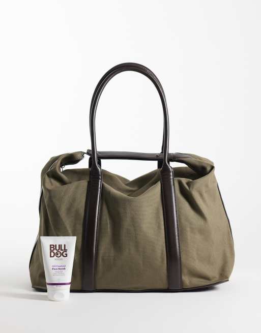 ASOS DESIGN bag i canvas med kontrasterande bruna remmar i khaki, 2 av 4