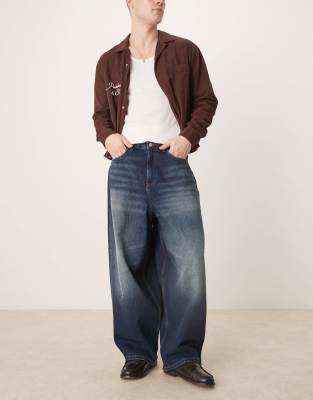Asos Design Baggy Balloon Fit Jeans In Washed Dark Blue-black