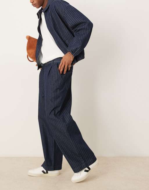 ASOS DESIGN baggy balloon jeans in mid wash blue with stripe