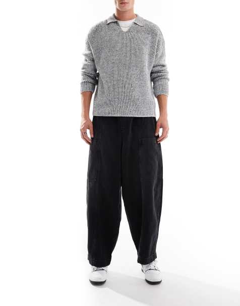 ASOS DESIGN baggy balloon jeans with cargo pockets and stitching details in washed black - view 1