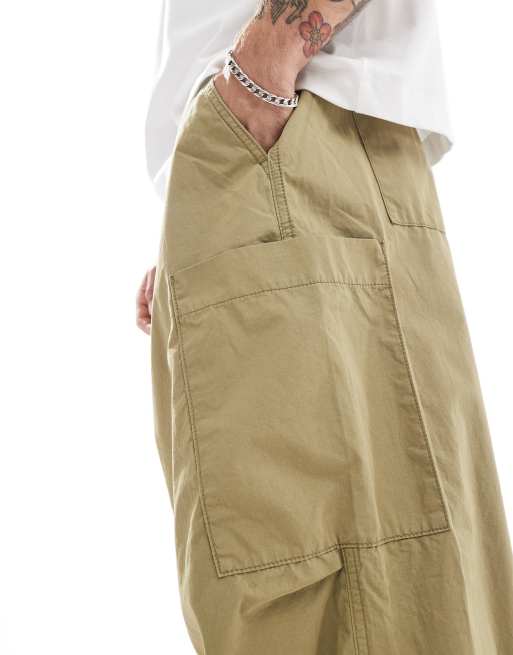 ASOS DESIGN baggy balloon parachute cargo trouser in khaki - KHAKI, 3 of 5