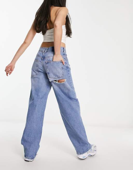 ASOS DESIGN baggy boyfriend jean in mid blue with cheeky rips | ASOS