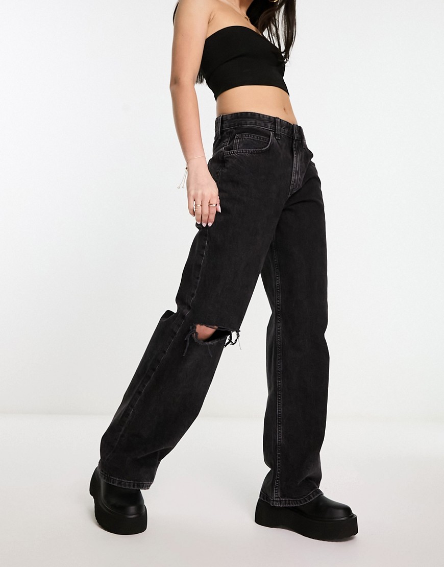 ASOS DESIGN baggy boyfriend jean in washed black with knee rips