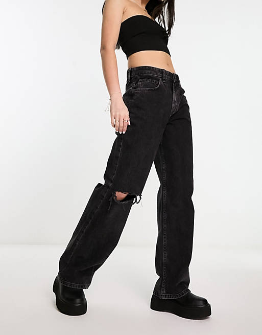 ASOS DESIGN baggy boyfriend jean in washed black with knee rips | ASOS