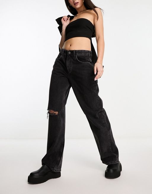 ASOS DESIGN loose fit jeans with double waistband in washed black