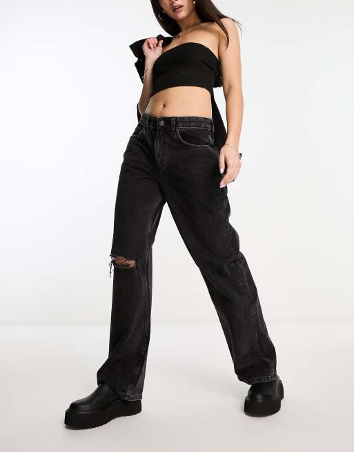 ASOS DESIGN baggy boyfriend jeans in washed black with knee rips