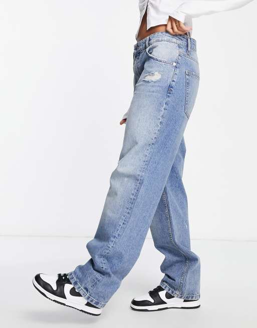 ASOS DESIGN baggy boyfriend jeans with thigh rip in mid blue