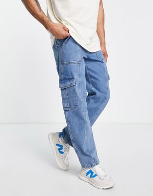 ASOS DESIGN baggy cargo jeans in 90's mid wash blue