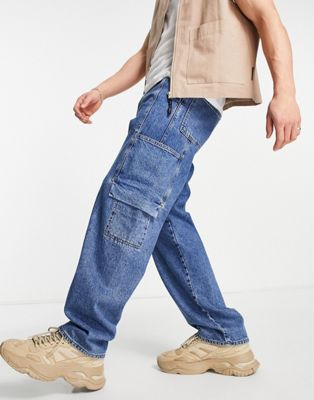 ASOS DESIGN baggy cargo jeans in mid wash blue