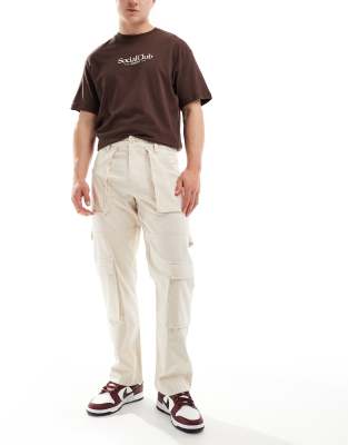 Asos Design Baggy Cargo Pants In Ecru Ripstop With Carpenter Loop-neutral