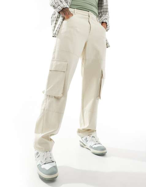 ASOS DESIGN baggy cargo pants in heavy canvas in stone - view 1