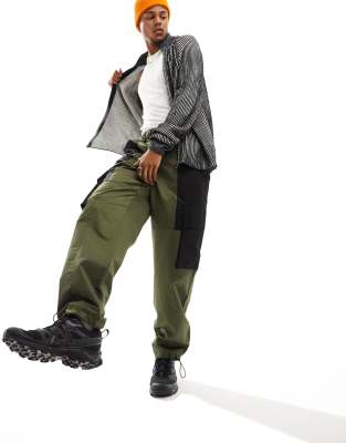 Asos Design Baggy Cargo Pants In Khaki And Black Color Block And Belt Detail In Nylon-green