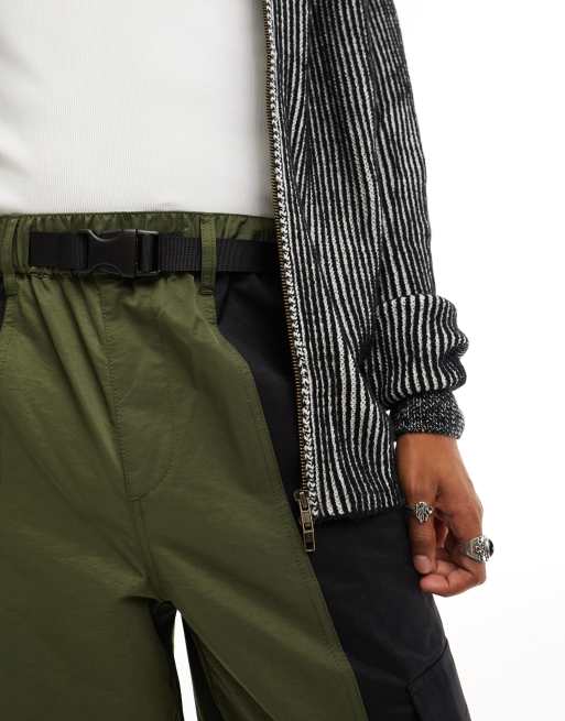 ASOS DESIGN baggy cargo pants in khaki and black color block and belt  detail in nylon