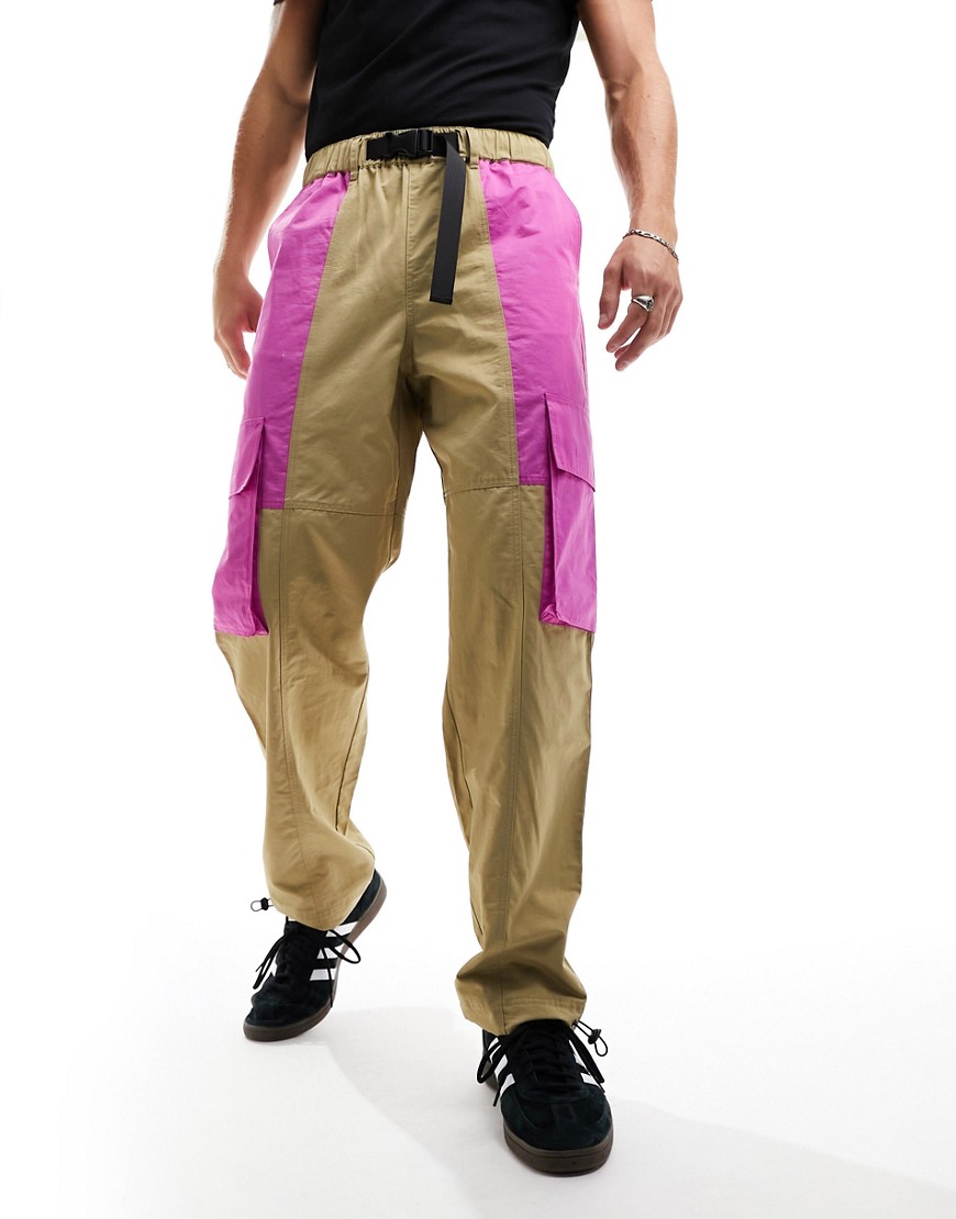 Asos Design Baggy Cargo Pants In Tan And Pink With Webbing Belt-brown