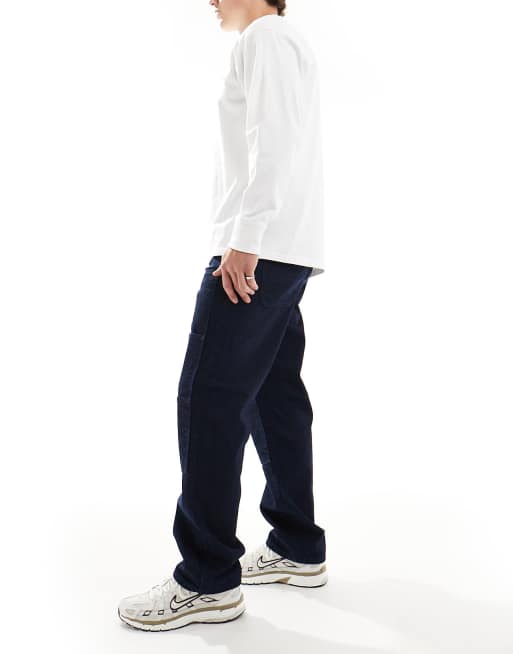 ASOS DESIGN baggy carpenter jean with front pocket detail in dark wash blue, 2 of 5