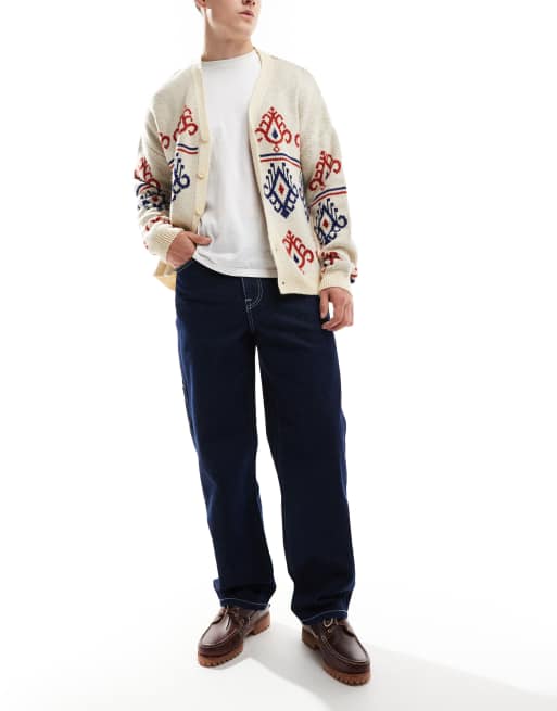 ASOS DESIGN baggy carpenter pants with contrast stitch in indigo 