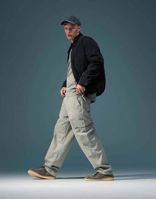 ASOS DESIGN baggy carpenter pants with zip details in washed gray