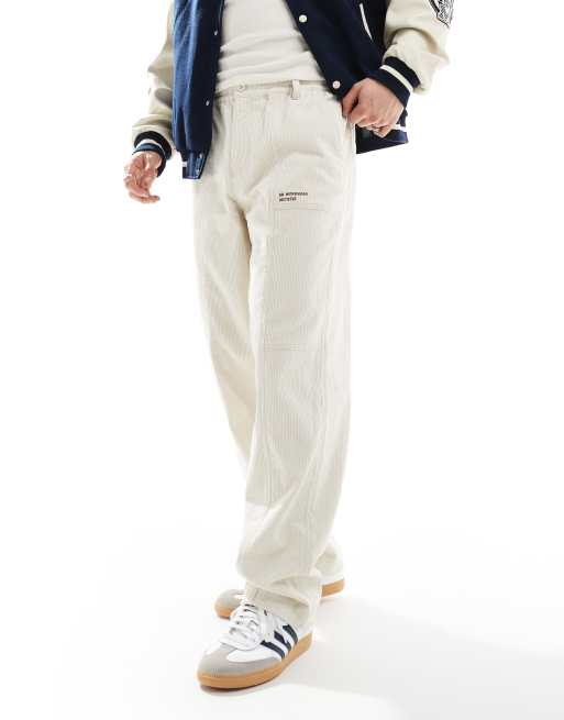 ASOS DESIGN baggy cord pants with embroidered patch in stone 