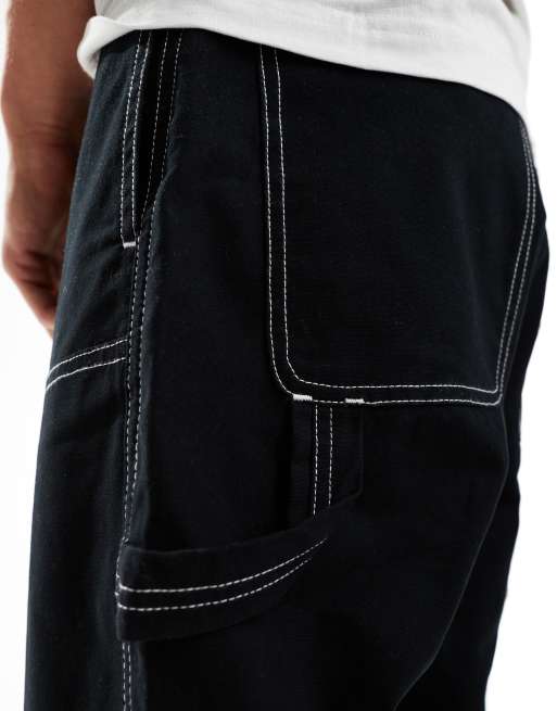 ASOS DESIGN baggy fit carpenter pants with contrast stitch in black, 4 of 5
