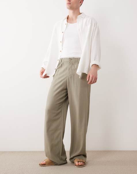 ASOS DESIGN – Baggy Fit Leinenmix-Hose in Khaki - view 1