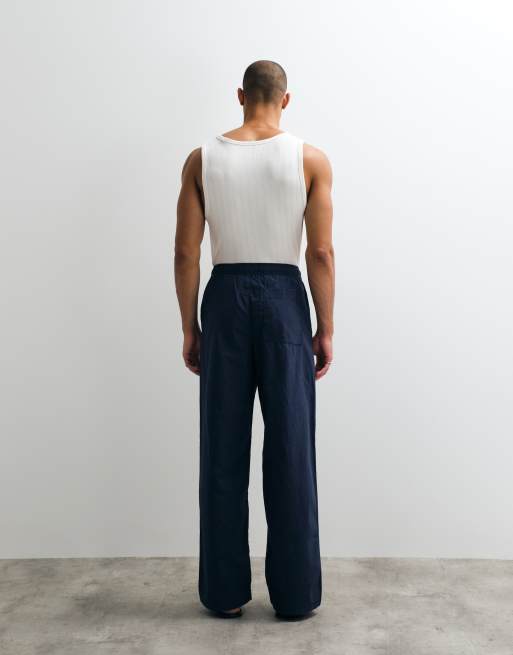 ASOS DESIGN baggy fit linen blend pants in navy, 5 of 5