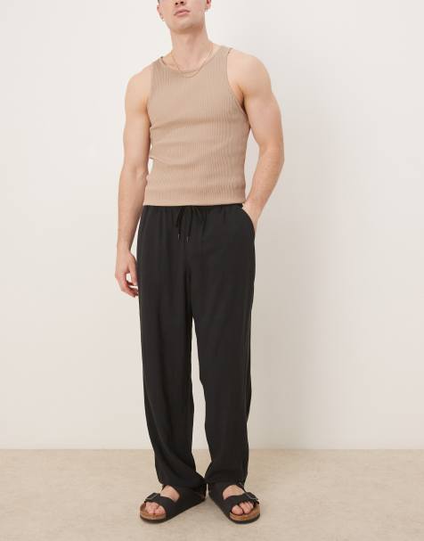 ASOS DESIGN baggy fit pull on linen mix pants in black - view 1