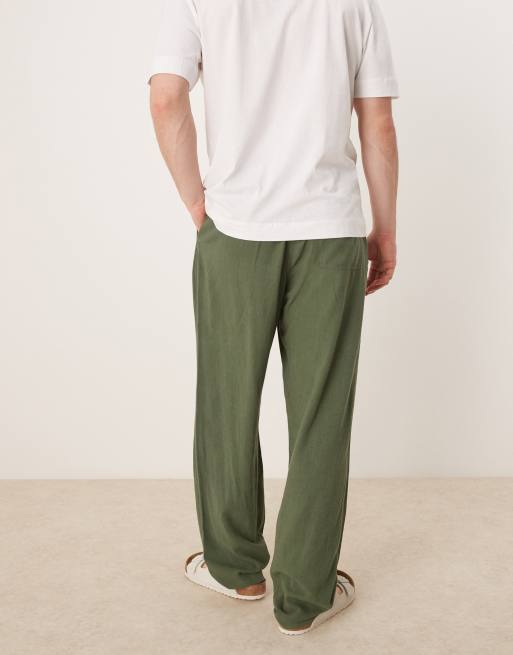 ASOS DESIGN baggy fit pull on linen mix pants in dark green 