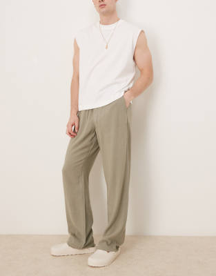 Asos Design Baggy Fit Pull On Linen Mix Pants In Green