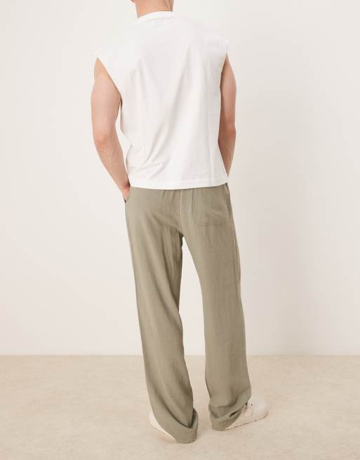 ASOS DESIGN baggy fit pull on linen mix pants in khaki 