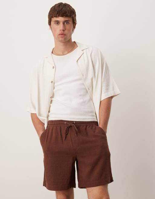 ASOS DESIGN baggy fit pull on linen rich short in brown 