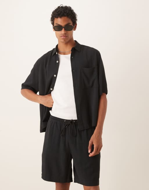ASOS DESIGN baggy fit pull on linen rich shorts in black (part of a set) , 3 of 5