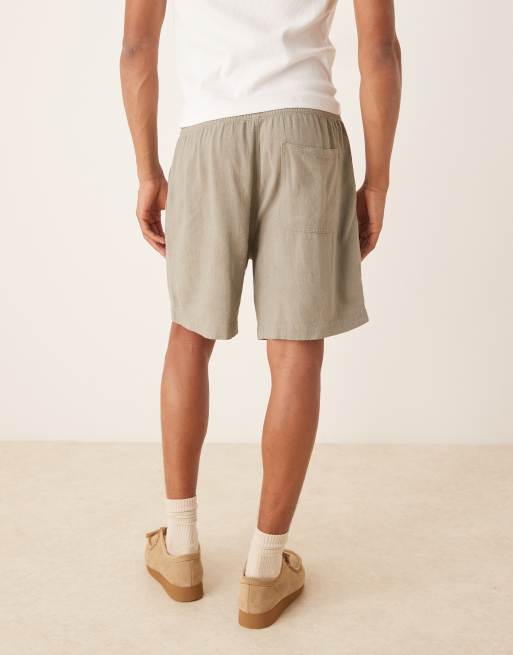 ASOS DESIGN baggy fit pull on linen rich shorts in khaki - part of a set , 4 of 5