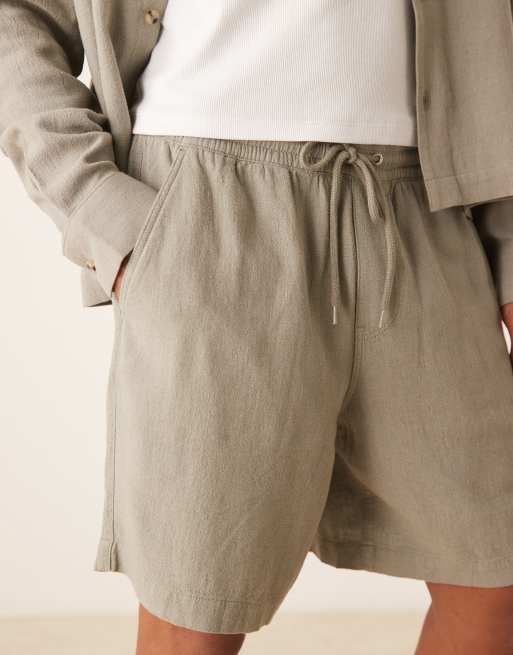 ASOS DESIGN baggy fit pull on linen rich shorts in khaki - part of a set , 5 of 5