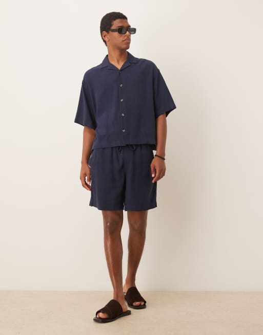 ASOS DESIGN baggy fit pull-on linen-rich shorts in navy (Part of a set)