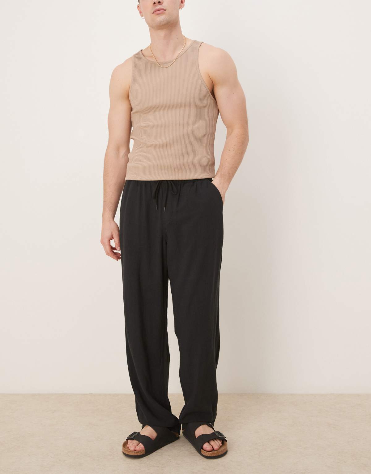 ASOS DESIGN baggy fit pull on linen rich trouser in black